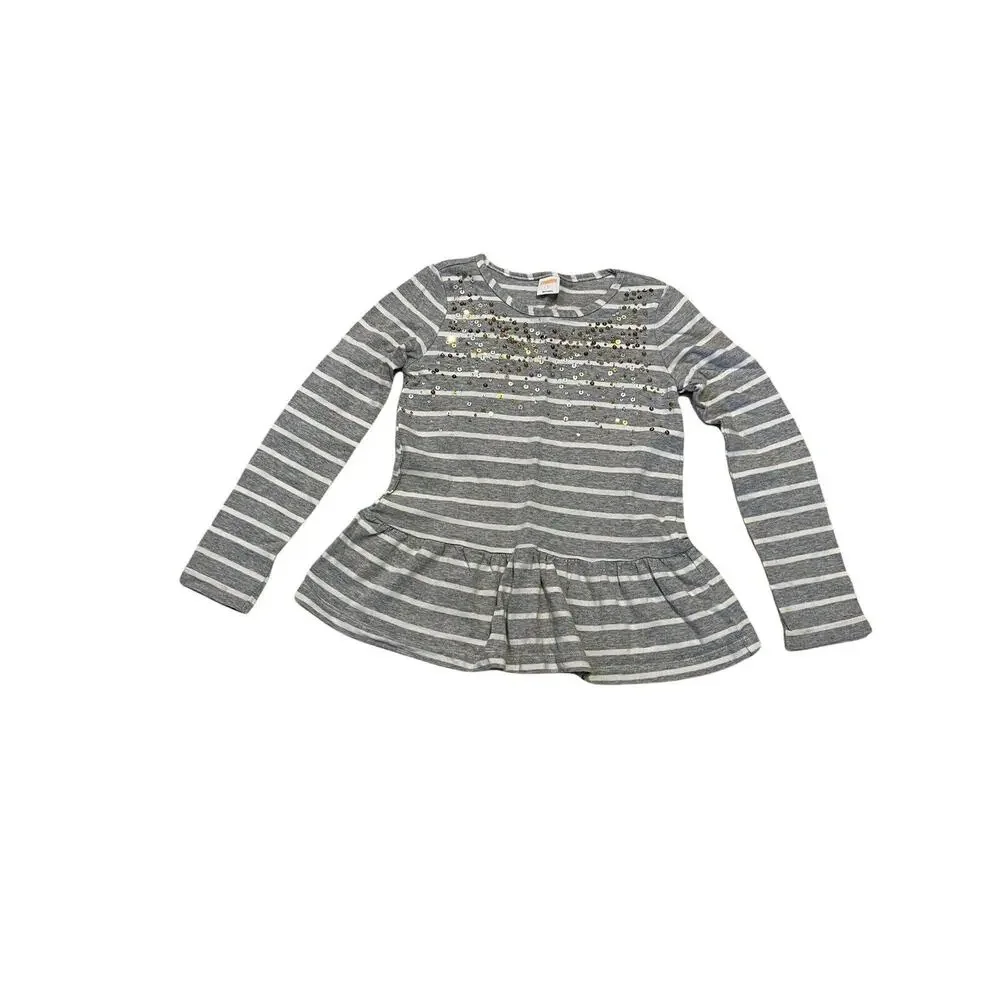 Gymboree Girls Gray Striped Ruffle Hem Blouse Sequin Cotton Size 7 Long Sleeve